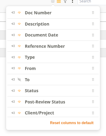 The column chooser listing the grid columns, with Reset columns to default at the foot