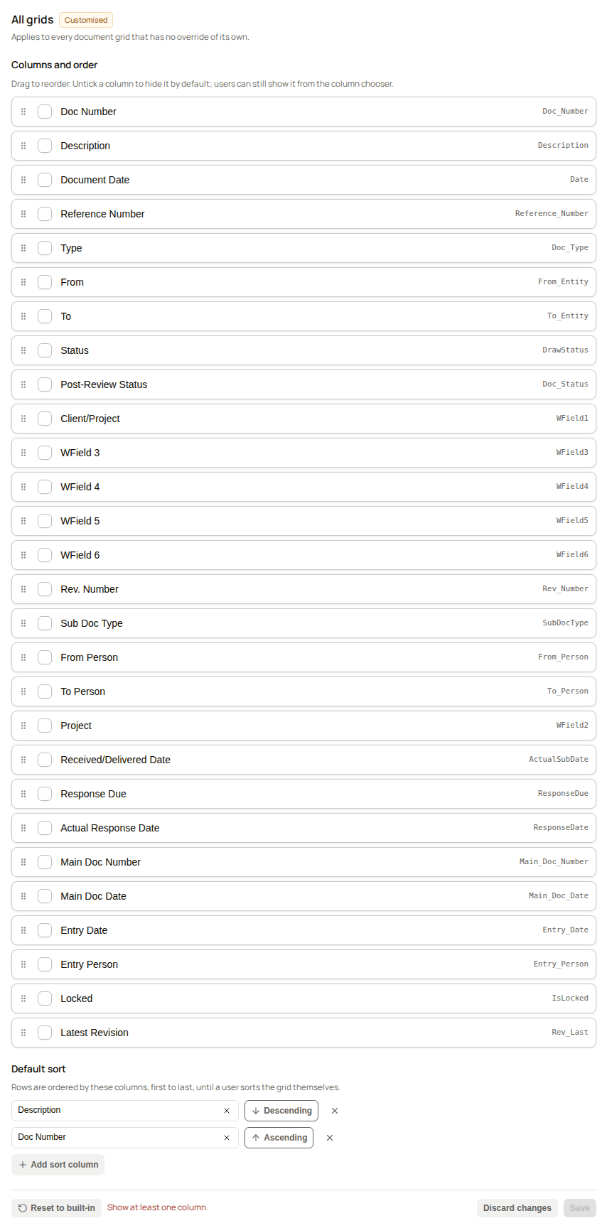 The editor with no column ticked, showing the message Show at least one column