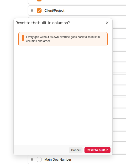 The Reset to the built-in columns? dialog