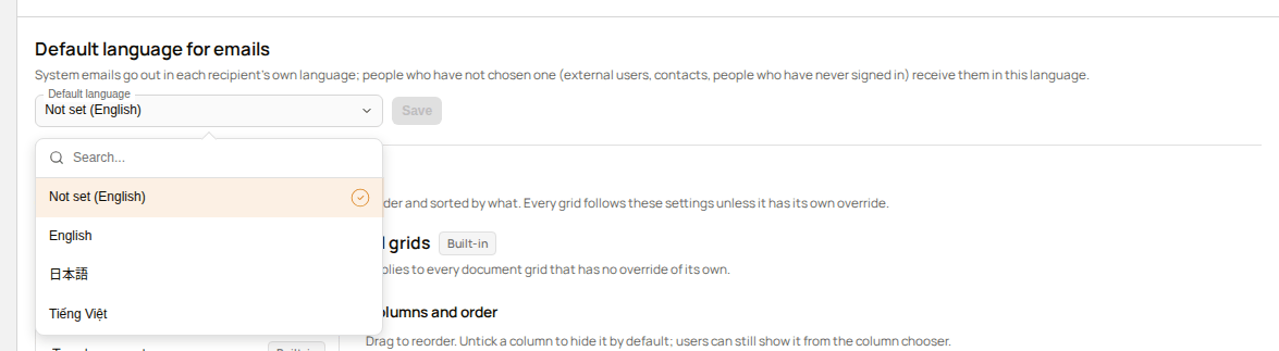 Default language for emails, with the Default language list open showing Not set (English), English, 日本語 and Tiếng Việt
