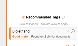 Recommended Tags panel showing a single suggestion