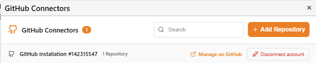 Connected accounts header with Manage on GitHub and Disconnect account controls
