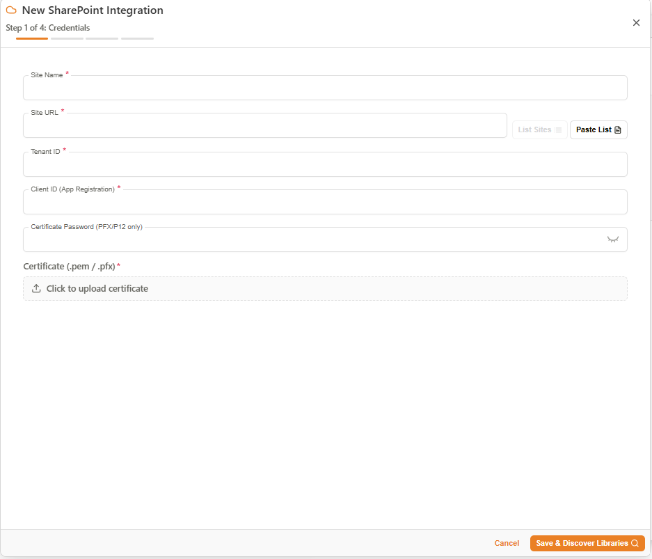 New SharePoint Integration — Step 1: Credentials