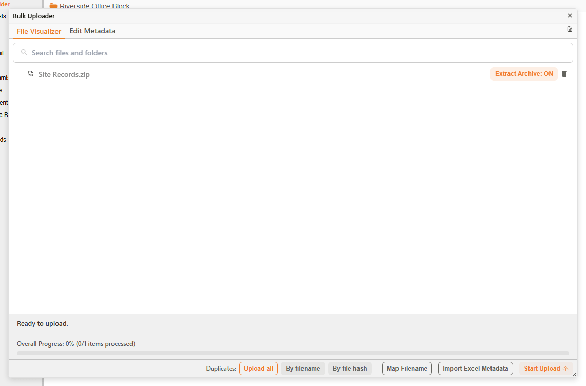 The Bulk Uploader listing a ZIP file with Extract Archive: ON