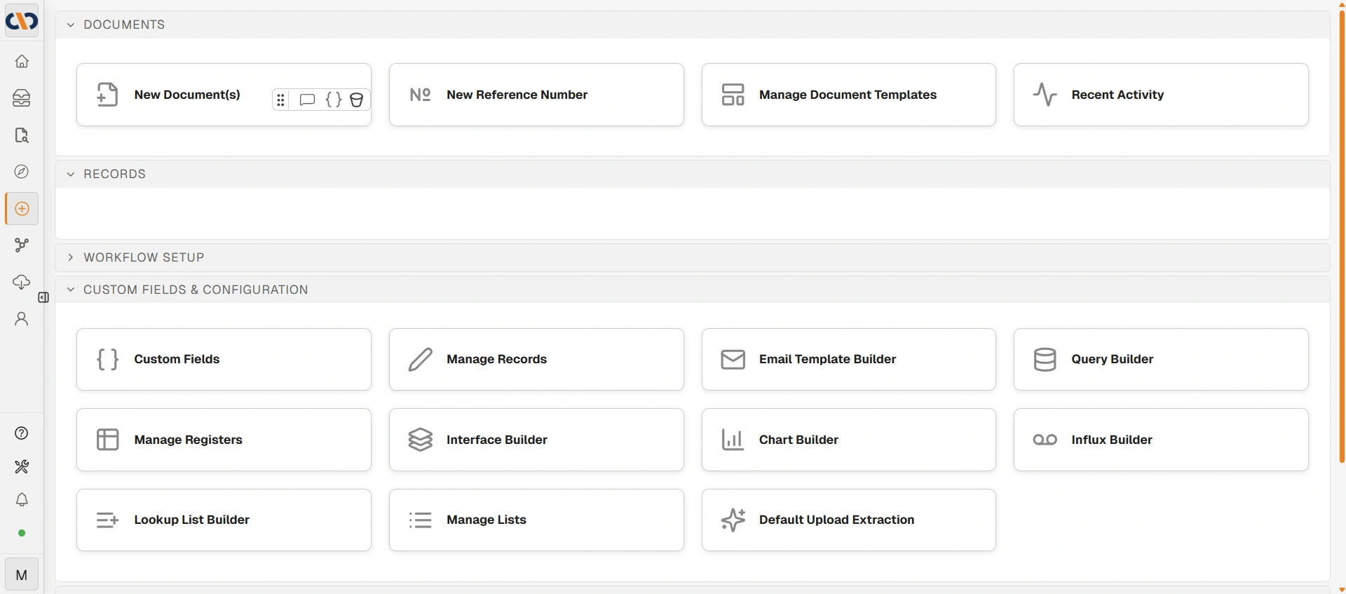 Custom Fields and Configuration menu showing Query Builder, Interface Builder and Chart Builder