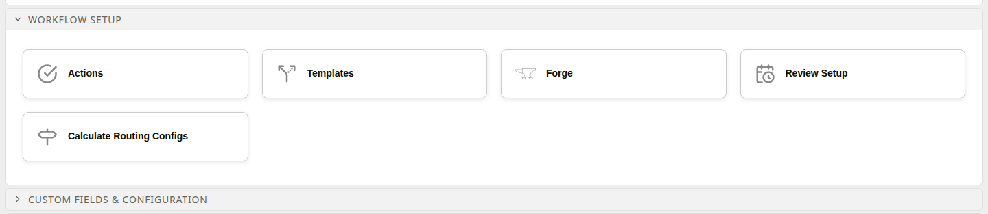 Actions, Templates, Forge and Review Setup entries under Workflow Setup