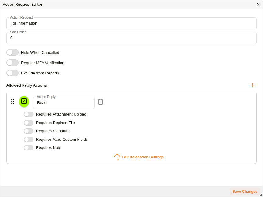 Action Request Editor showing settings and allowed reply actions