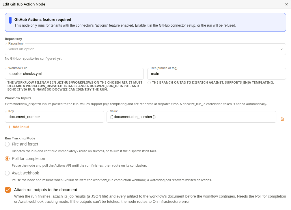 Edit GitHub Action Node dialog with no repository connected