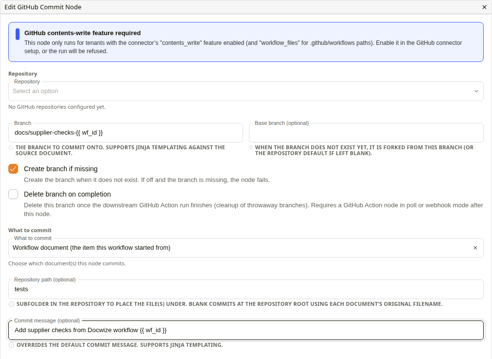 Edit GitHub Commit Node dialog