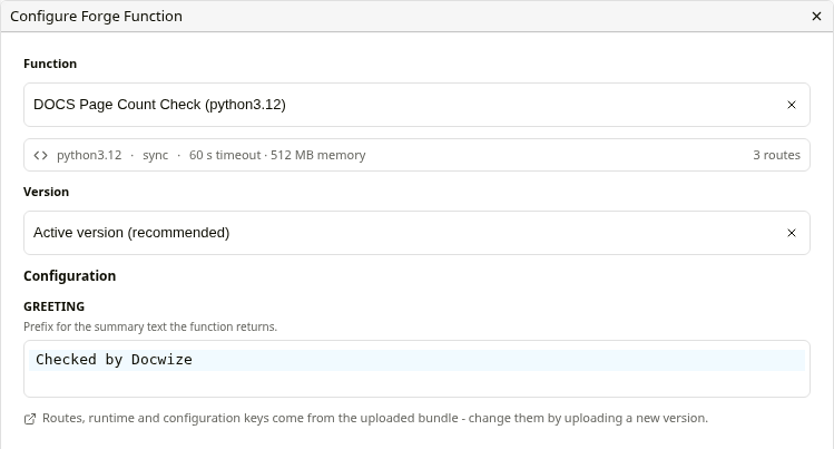 Configure Forge Function dialog