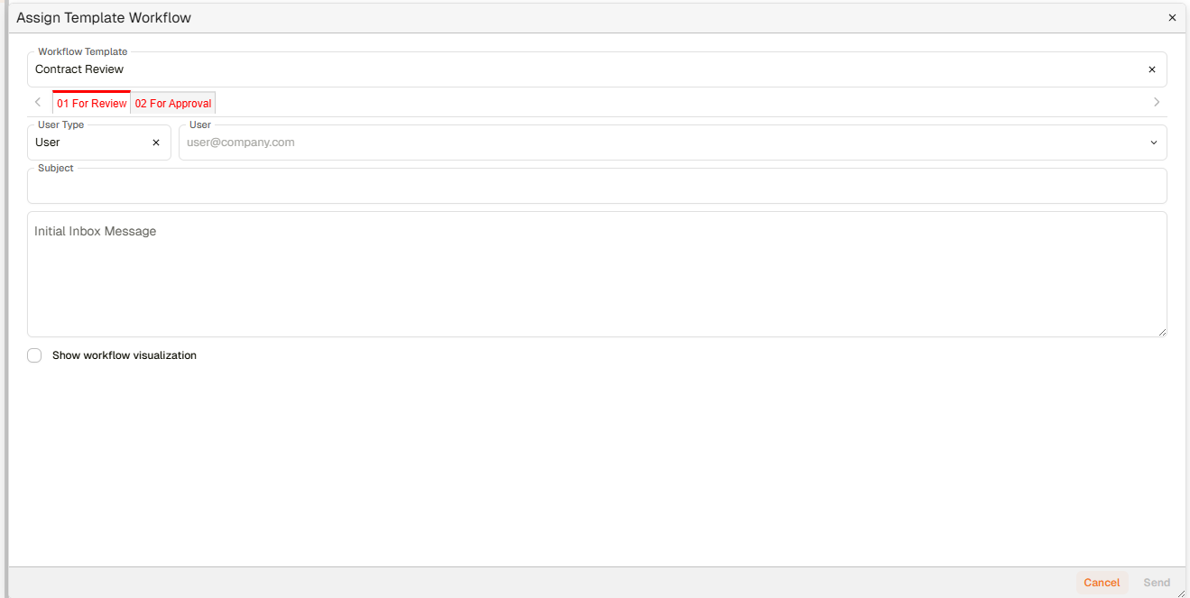 Assign Template Workflow dialog with runtime user assignment