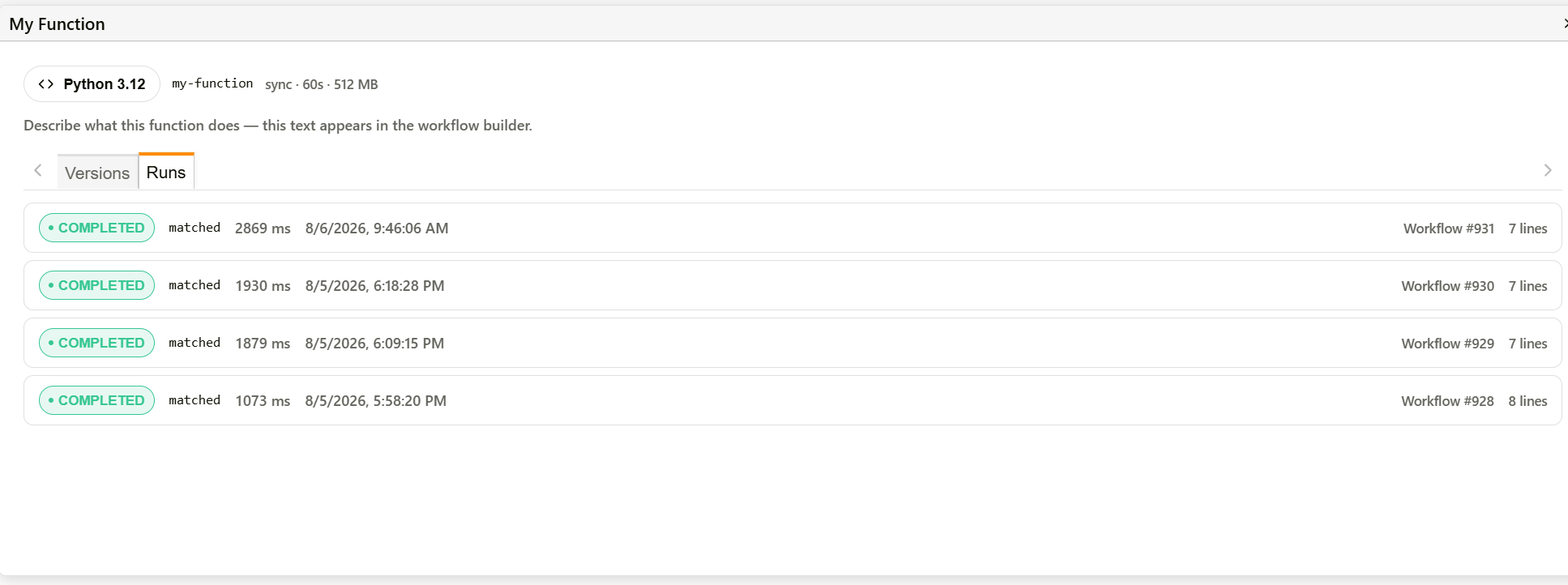 Forge function detail dialog — Runs tab