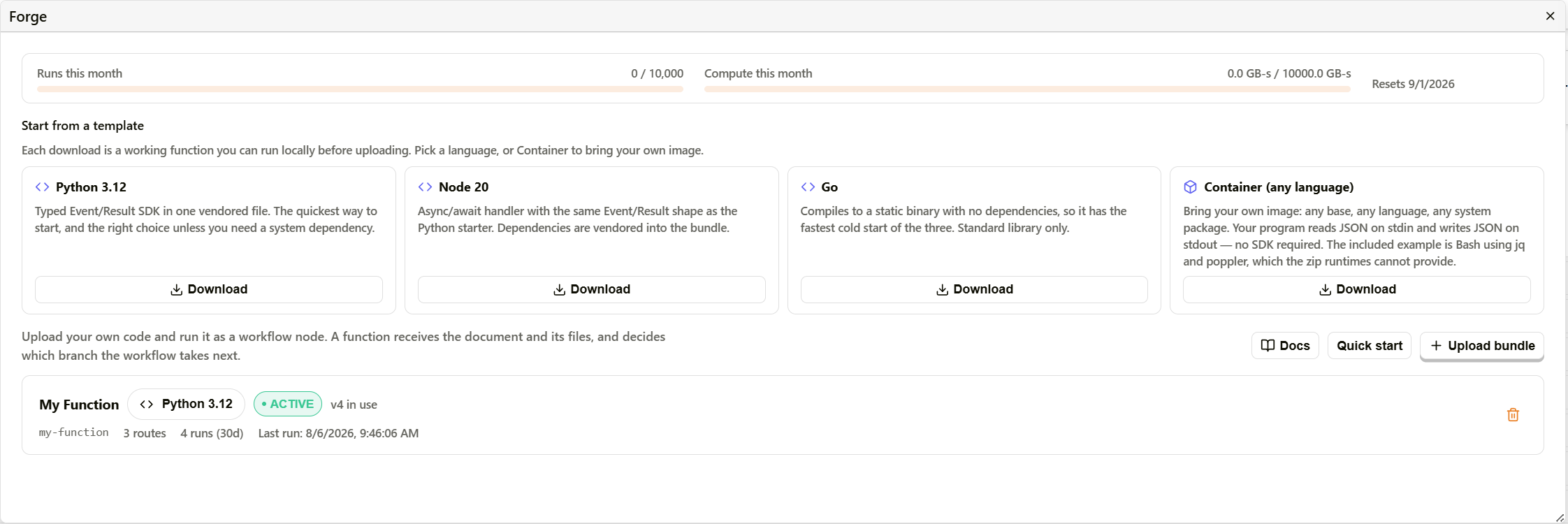 Docwize Forge — usage meters, starter templates, and function list