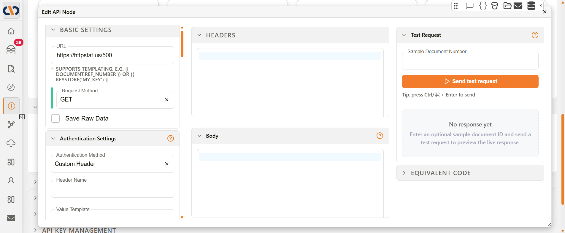 API Node Basic Settings, Authentication Settings, Headers, Body, and Test Request