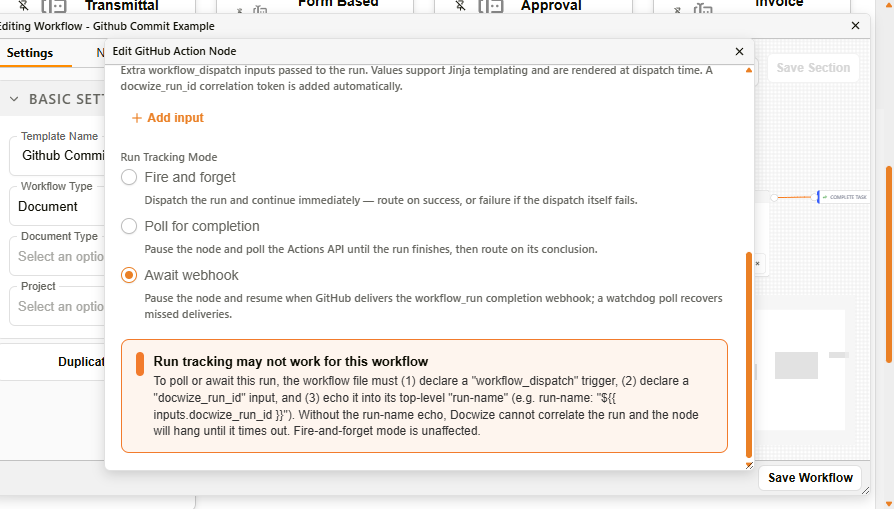 Run tracking may not work for this workflow warning