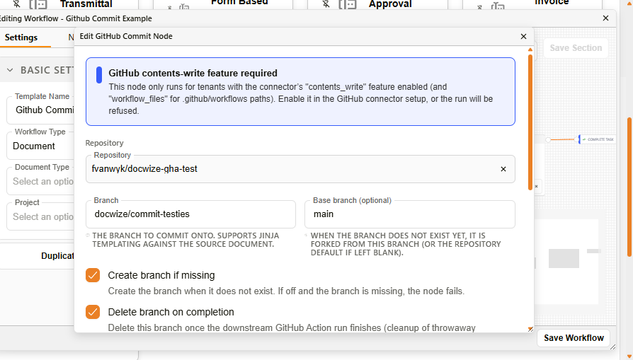 GitHub Commit Node settings