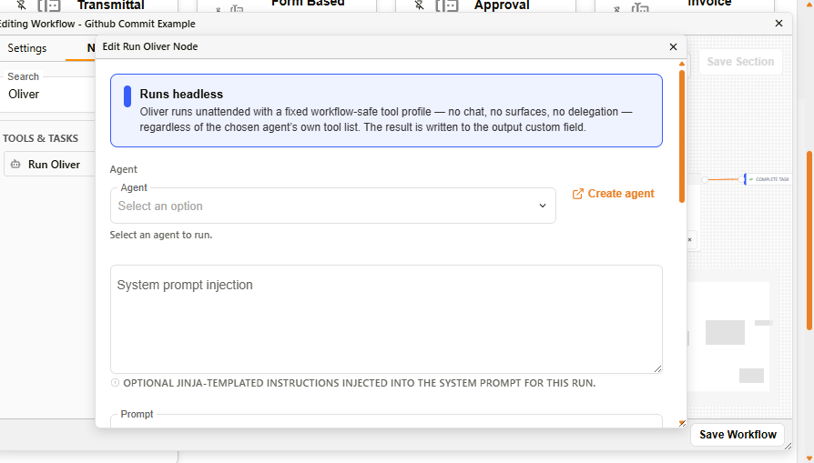 Run Oliver Node settings — agent and prompt