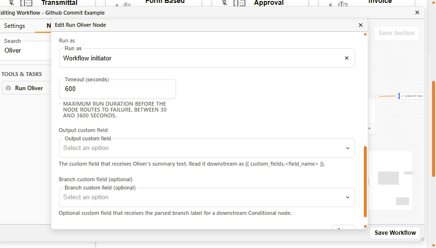 Run Oliver Node settings — output and branch fields