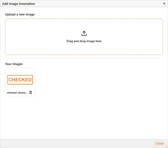Add Image Annotation dialog showing a saved image under Your images