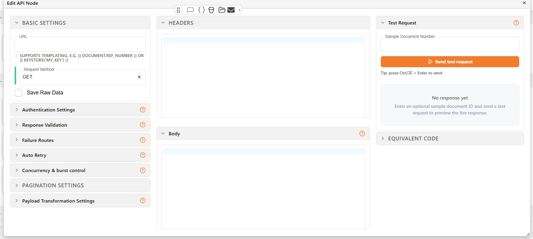 Edit API Node dialog with the Concurrency &amp; burst control section