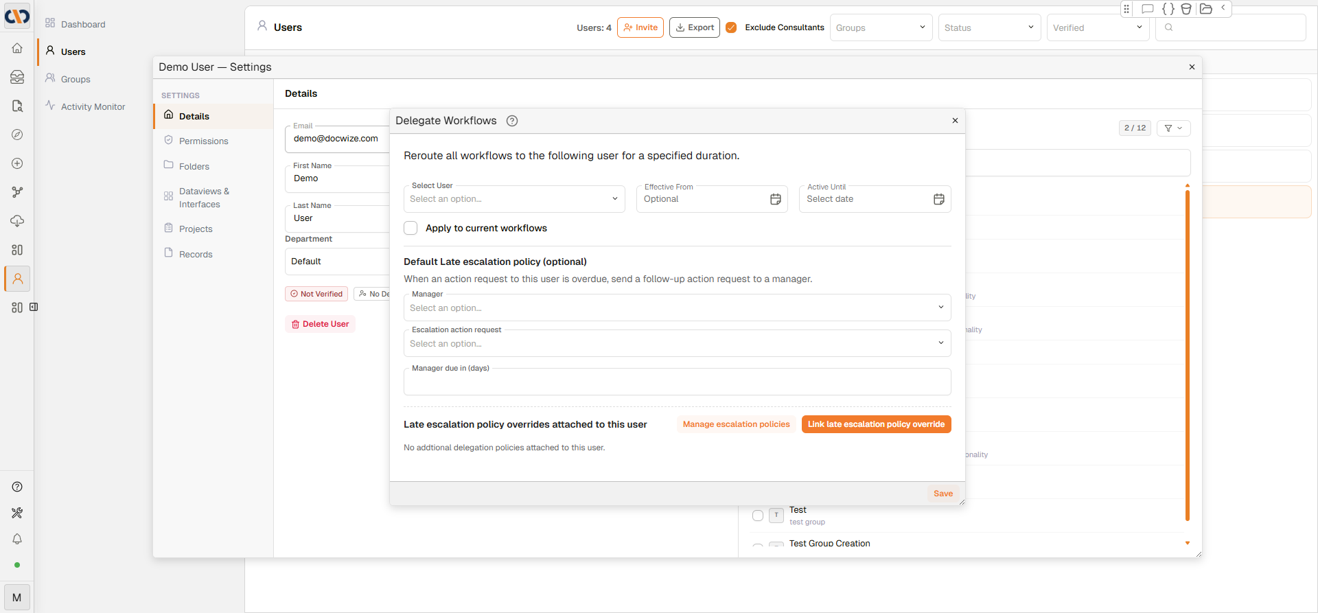 Delegate Workflows dialog showing Effective From date field