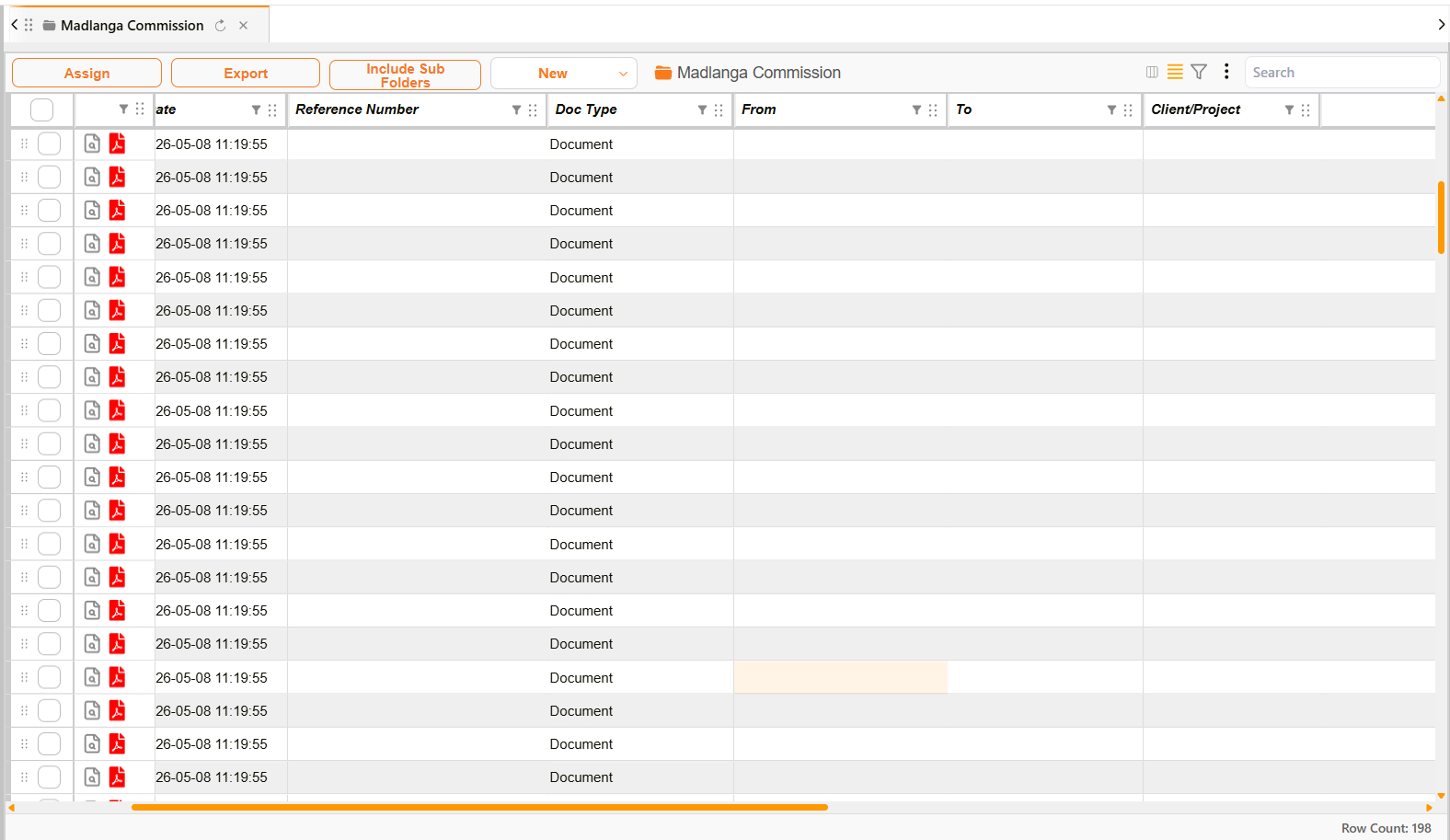 Document list view showing the orange-accented vertical and horizontal scrollbars