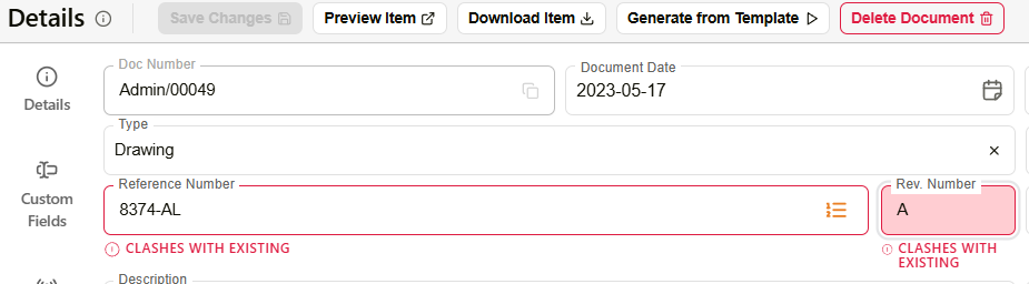Reference Number and Rev. Number fields outlined in red with a clashes-with-existing warning