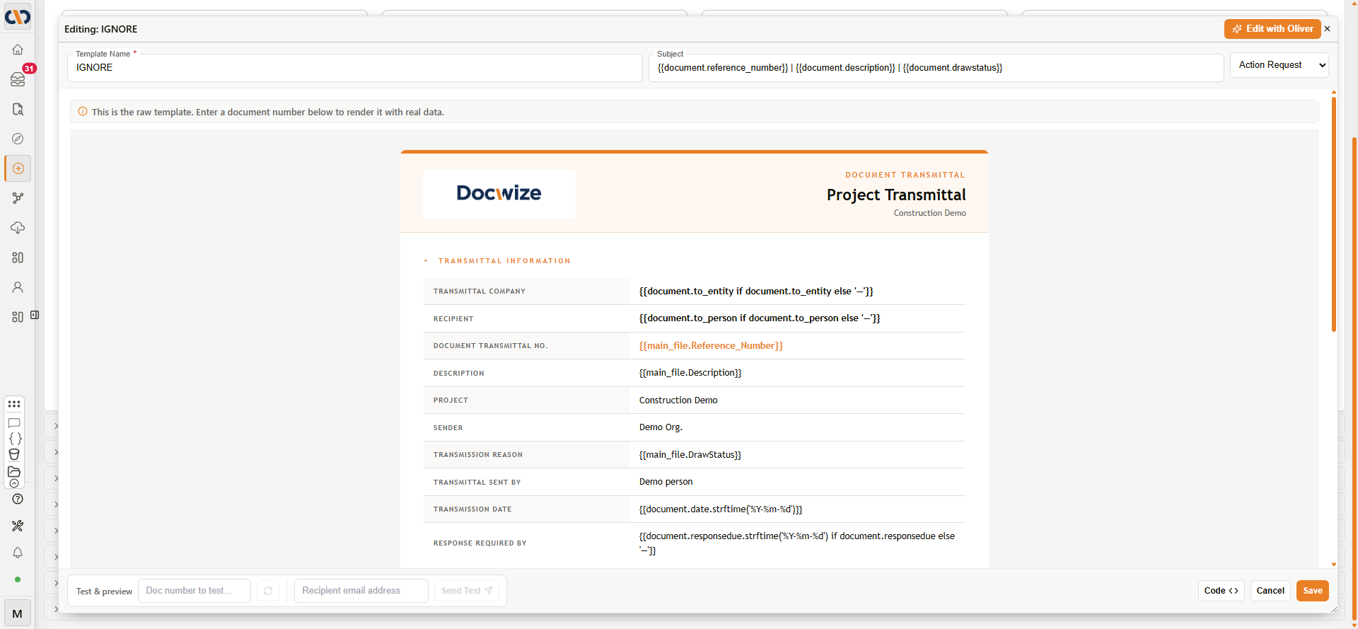 Direct email template editor with code and preview view