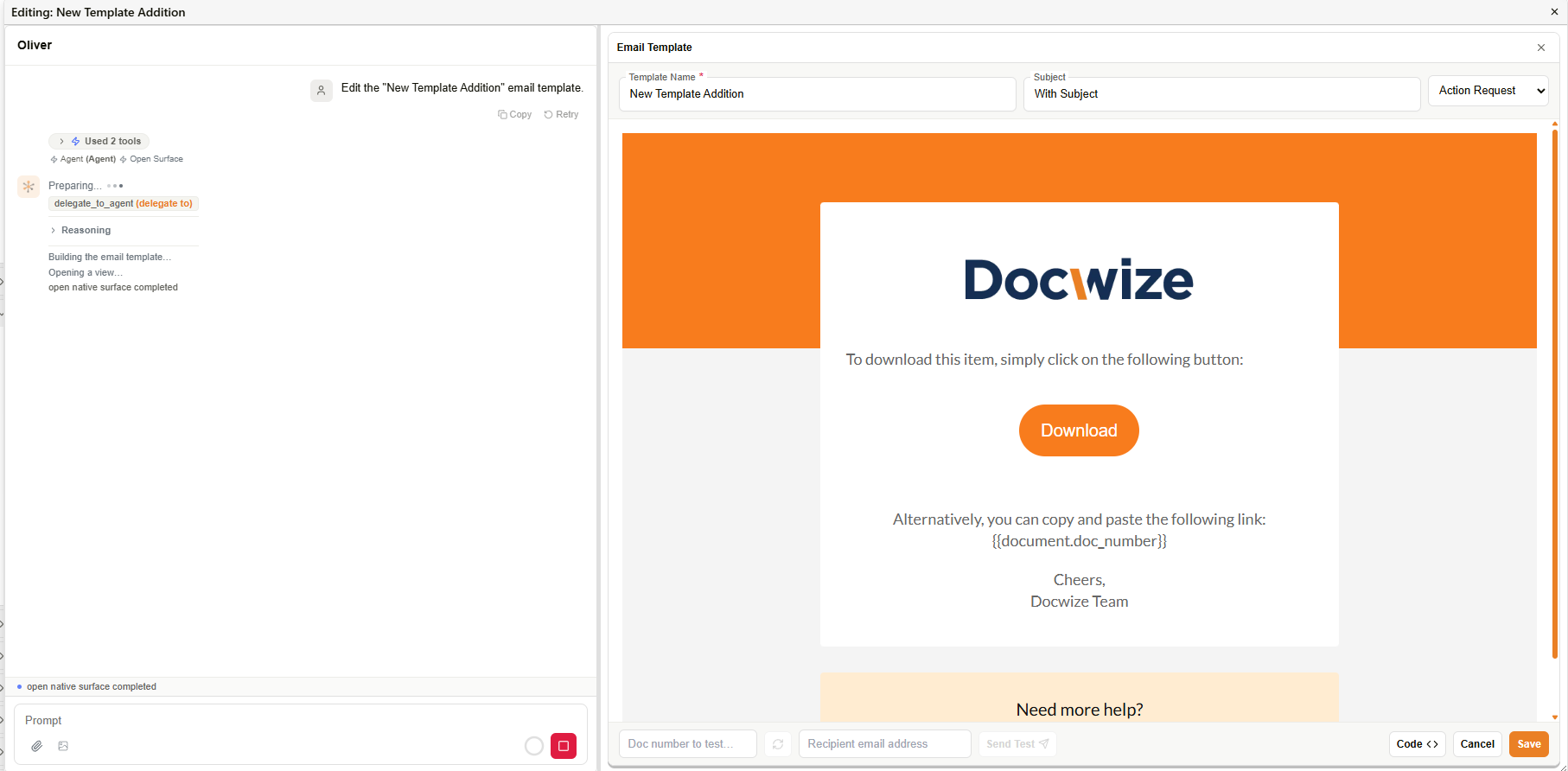Email template builder showing Oliver chat alongside the live template