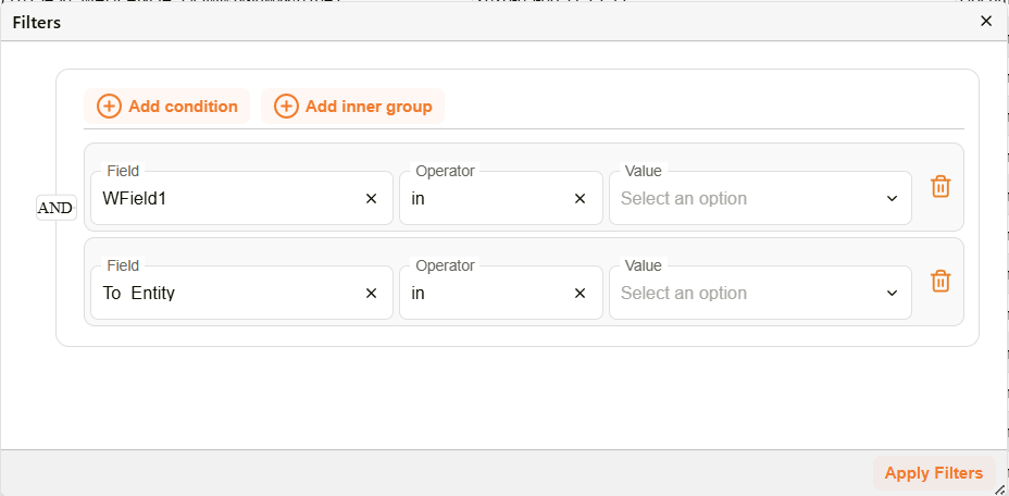 Filter editor dialog showing restyled filter rows with Field, Operator, and Value columns and trash-icon delete buttons