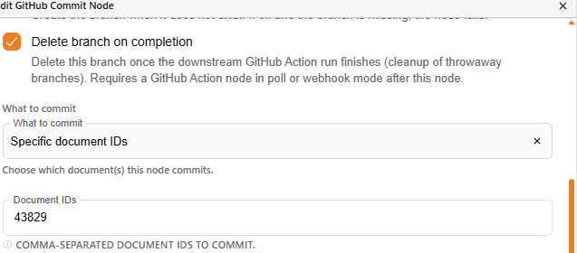 GitHub Commit node showing the What to commit selector