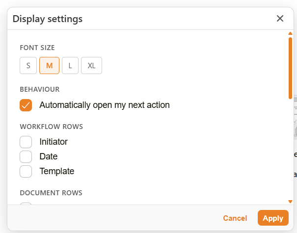Display settings dialog showing the Automatically open my next action setting