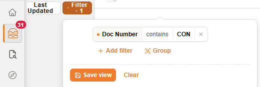 Inbox filter popover showing active filter count and Save view button