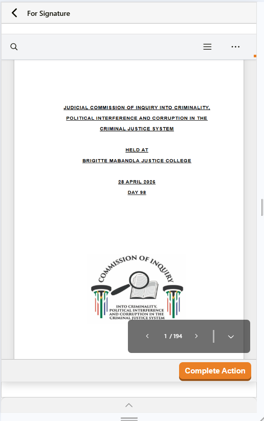 Mobile document view showing the restyled workflow layout with navigation controls and Complete Action button