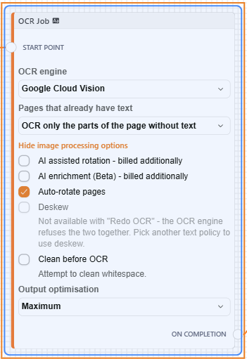 OCR Job node showing the new AI enrichment (Beta) checkbox
