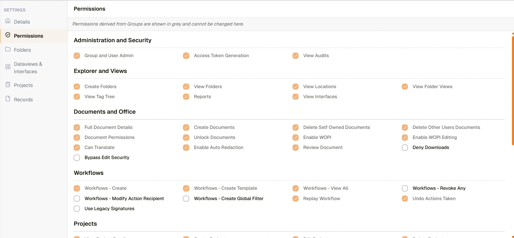 Admin Console の Permissions パネル