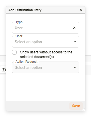 Add Distribution Entry dialog with the show-users-without-access checkbox