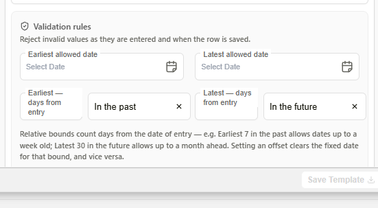 Date field validation rules with earliest/latest days-from-entry options