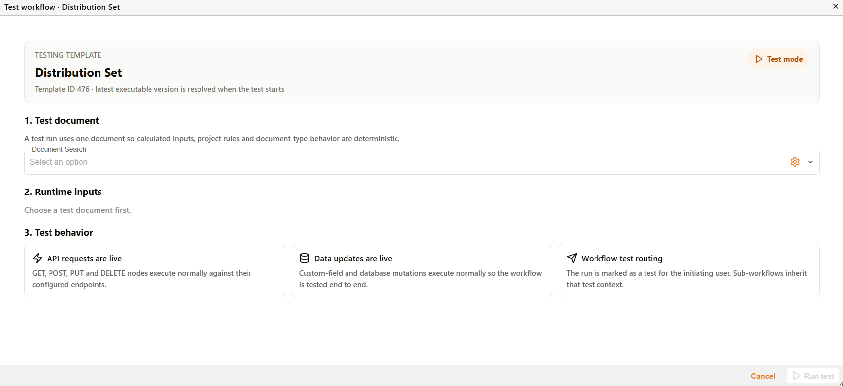 Test workflow dialog