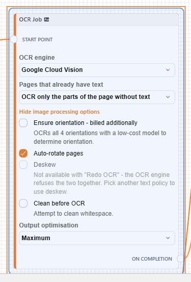 OCR Job node showing engine selection and image processing options